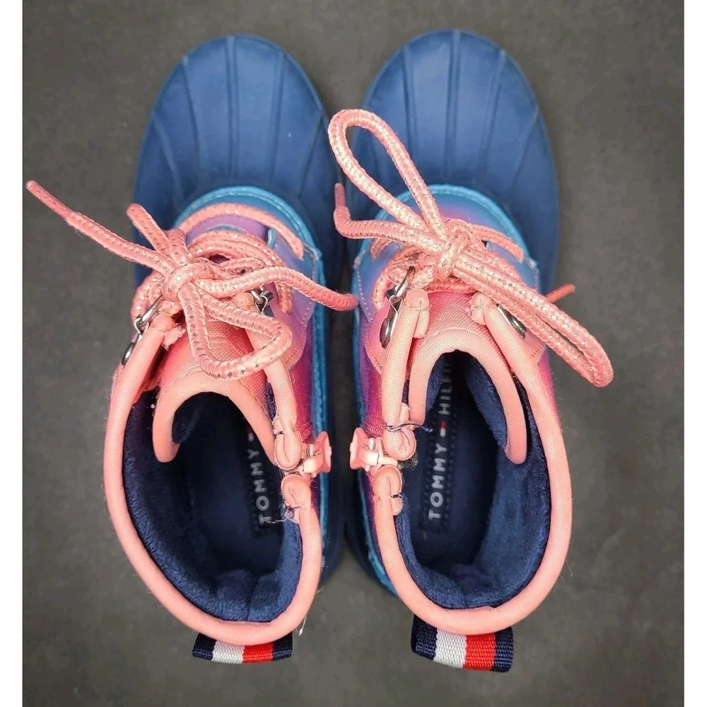Tommy Hilfiger Girls Rain Boots Size 1 Blue Pink Ombre Duck Boots EUC